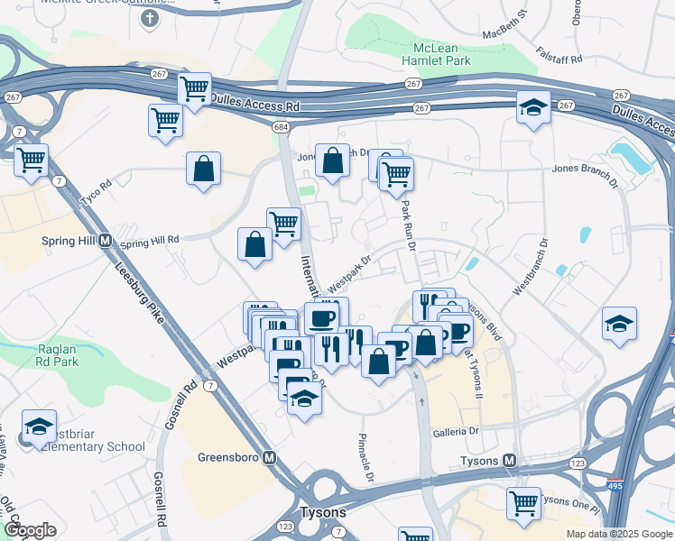 map of restaurants, bars, coffee shops, grocery stores, and more near 8260 Westpark Drive in Tysons