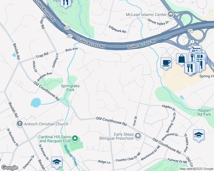map of restaurants, bars, coffee shops, grocery stores, and more near 9012 Lupine Den Drive in Vienna