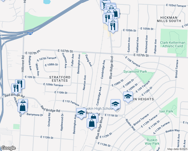 map of restaurants, bars, coffee shops, grocery stores, and more near 10813 Ewing Avenue in Kansas City