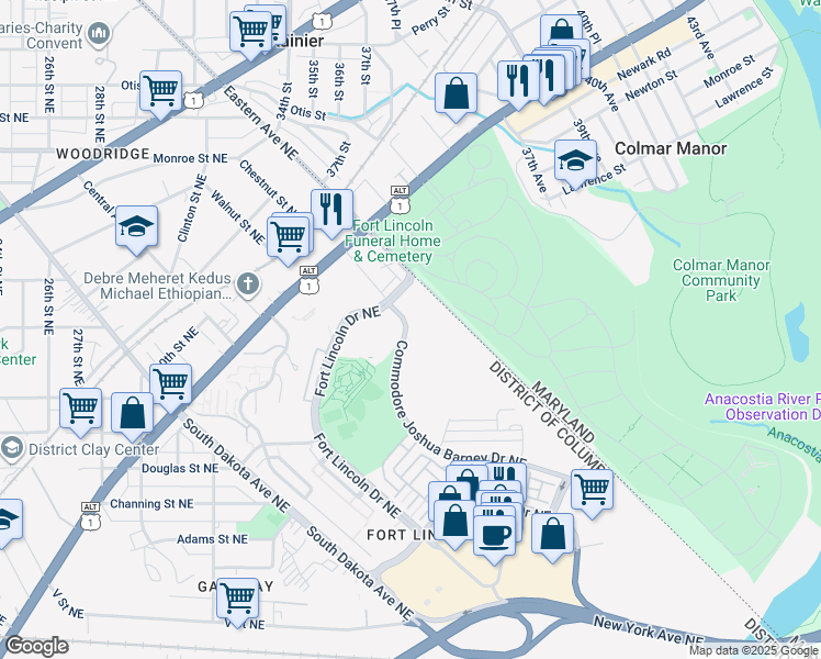 map of restaurants, bars, coffee shops, grocery stores, and more near 3510 Commodore Joshua Barney Drive Northeast in Washington