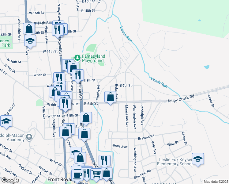 map of restaurants, bars, coffee shops, grocery stores, and more near 634 Belair Avenue in Front Royal