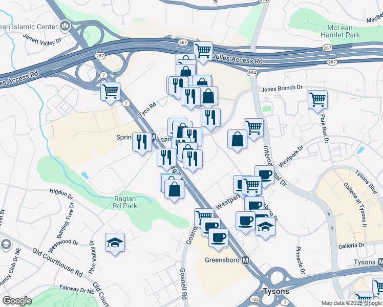 map of restaurants, bars, coffee shops, grocery stores, and more near 8421 Broad Street in McLean