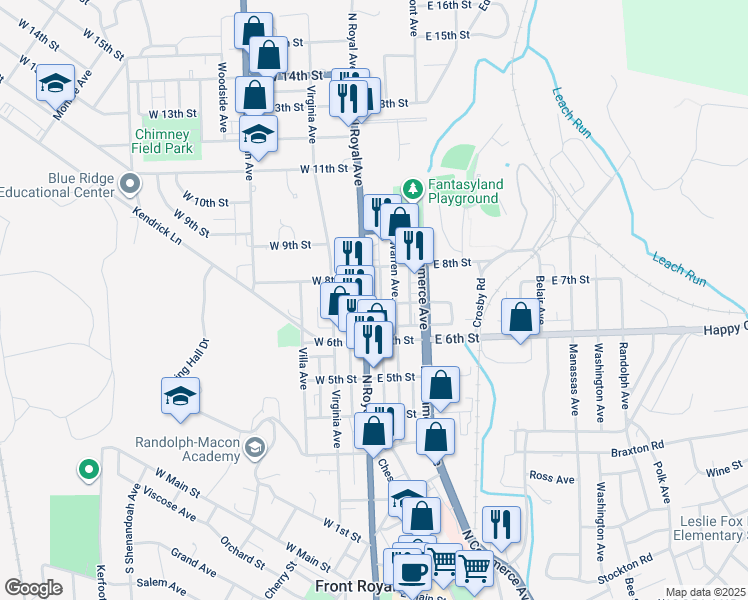 map of restaurants, bars, coffee shops, grocery stores, and more near 703 North Royal Avenue in Front Royal