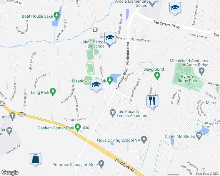 map of restaurants, bars, coffee shops, grocery stores, and more near Conejo Way in Aldie