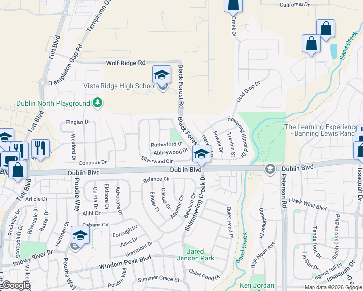 map of restaurants, bars, coffee shops, grocery stores, and more near 6769 Rutherford Drive in Colorado Springs