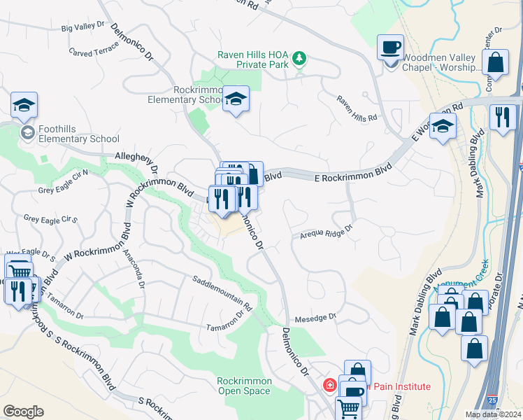 map of restaurants, bars, coffee shops, grocery stores, and more near 135 West Rockrimmon Boulevard in Colorado Springs