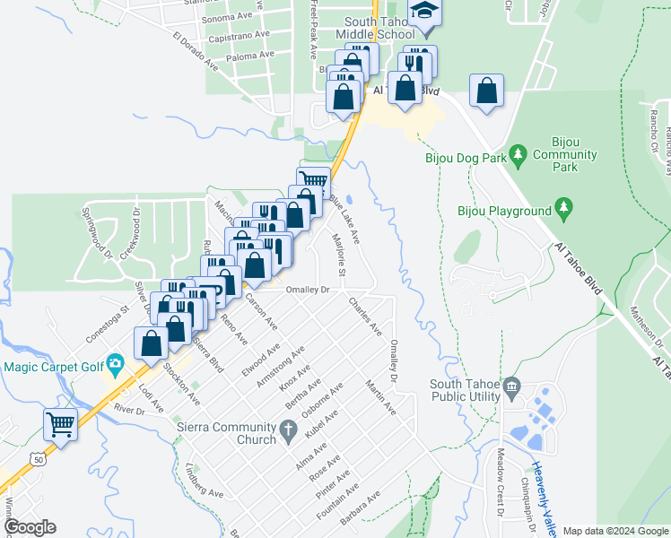 map of restaurants, bars, coffee shops, grocery stores, and more near 1068 Marjorie Street in South Lake Tahoe