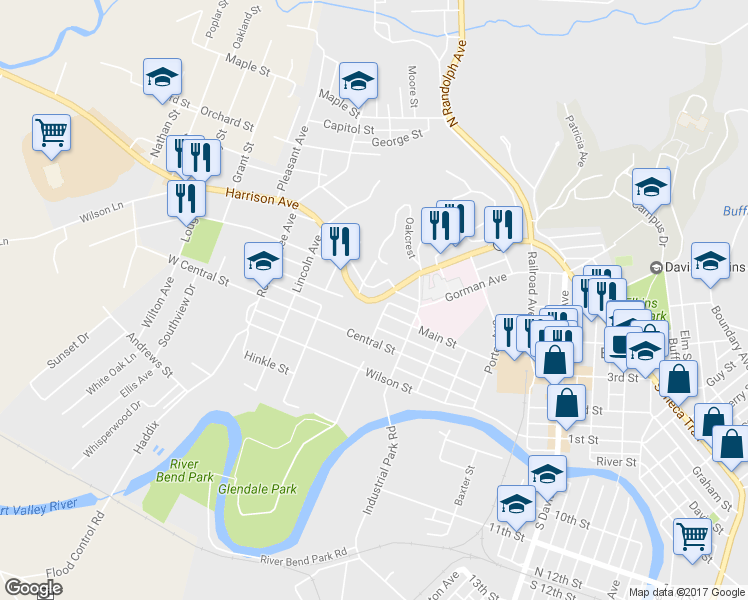 map of restaurants, bars, coffee shops, grocery stores, and more near 978 Harrison Avenue in Elkins