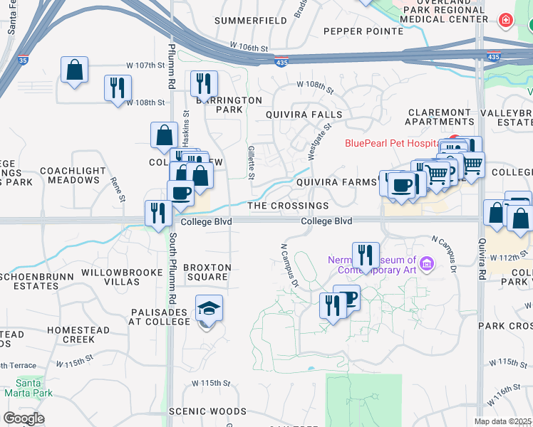 map of restaurants, bars, coffee shops, grocery stores, and more near 12792 West 110th Terrace in Overland Park