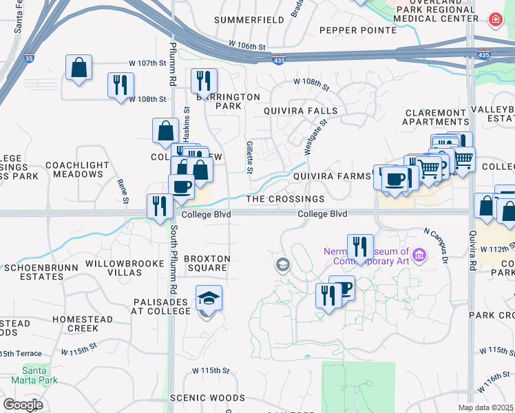 map of restaurants, bars, coffee shops, grocery stores, and more near 12792 West 110th Terrace in Overland Park