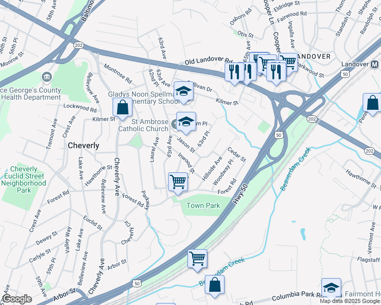 map of restaurants, bars, coffee shops, grocery stores, and more near 6319 Jason Street in Cheverly