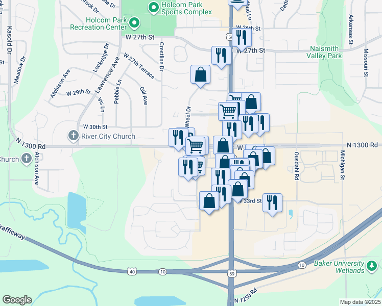 map of restaurants, bars, coffee shops, grocery stores, and more near 2221 West 31st Street in Lawrence