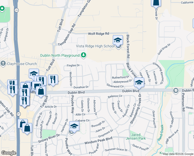 map of restaurants, bars, coffee shops, grocery stores, and more near 6647 Donahue Drive in Colorado Springs