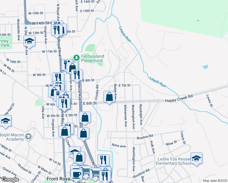 map of restaurants, bars, coffee shops, grocery stores, and more near 634 Belair Avenue in Front Royal