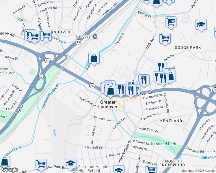 map of restaurants, bars, coffee shops, grocery stores, and more near 2731 Pinebrook Road in Greater Landover
