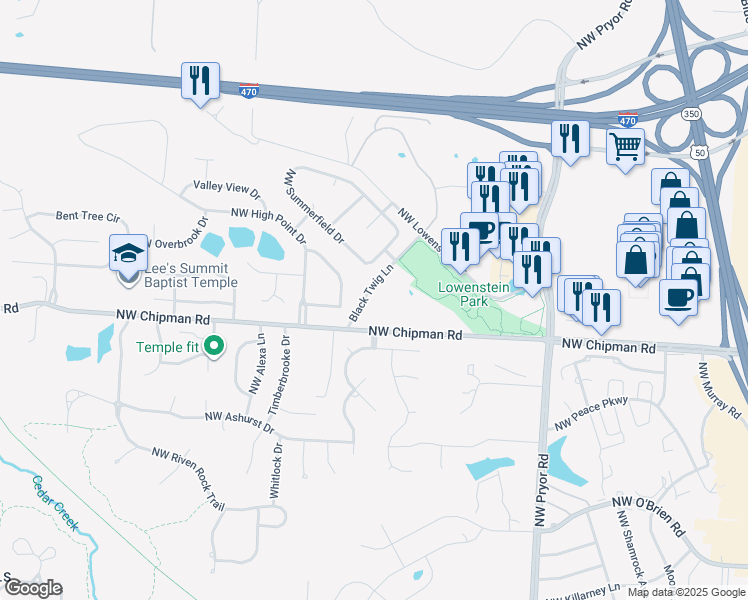 map of restaurants, bars, coffee shops, grocery stores, and more near 709 Black Twig Lane in Lee's Summit