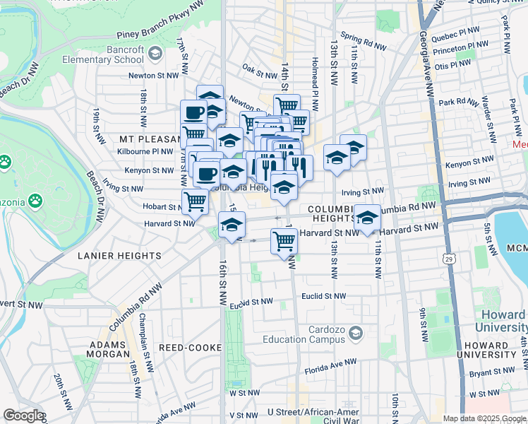 map of restaurants, bars, coffee shops, grocery stores, and more near 1429 Columbia Road Northwest in Washington