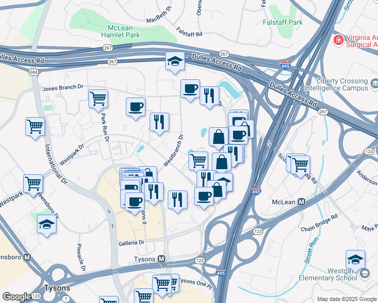 map of restaurants, bars, coffee shops, grocery stores, and more near 7970 Maitland Street in Tysons