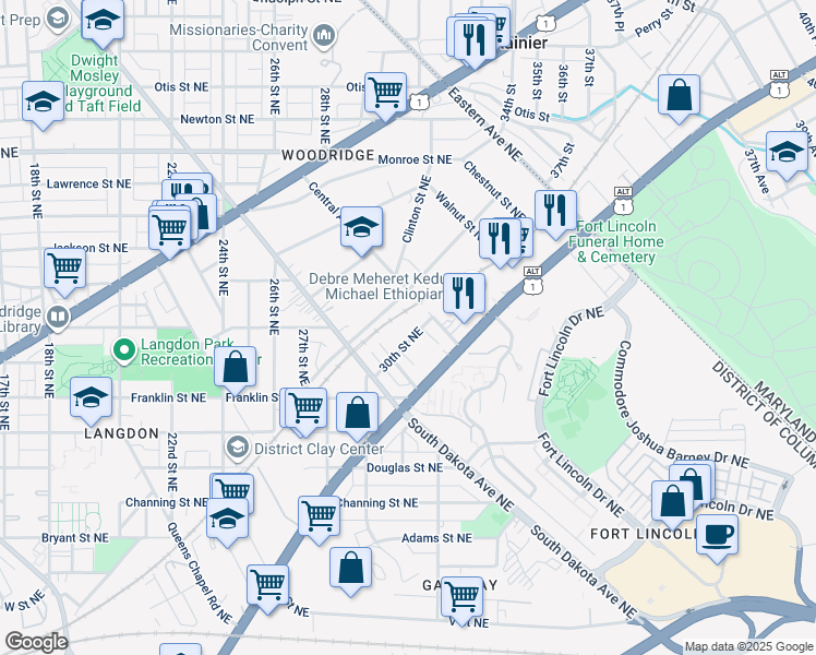 map of restaurants, bars, coffee shops, grocery stores, and more near 2832 30th Street Northeast in Washington