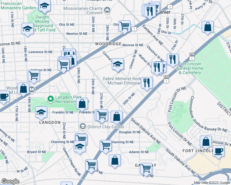 map of restaurants, bars, coffee shops, grocery stores, and more near 2902 Vista Street Northeast in Washington