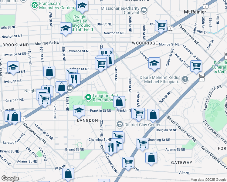 map of restaurants, bars, coffee shops, grocery stores, and more near 2420 Hamlin Place Northeast in Washington