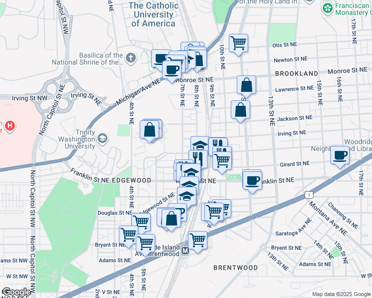 map of restaurants, bars, coffee shops, grocery stores, and more near 3007 7th Street Northeast in Washington