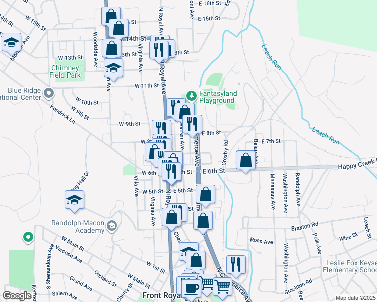 map of restaurants, bars, coffee shops, grocery stores, and more near 106 East 7th Street in Front Royal
