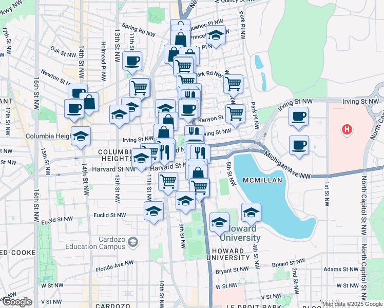 map of restaurants, bars, coffee shops, grocery stores, and more near 2920 Georgia Avenue Northwest in Washington