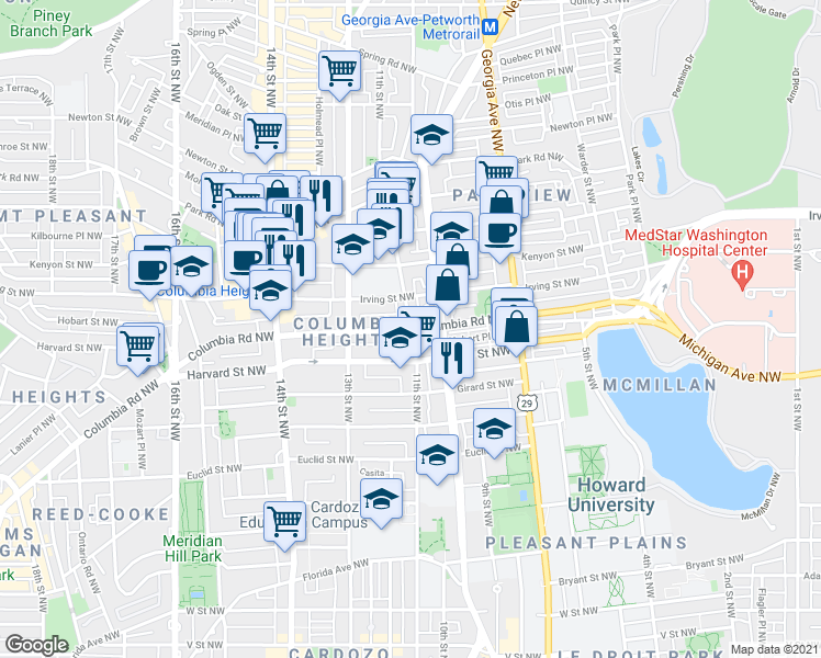 map of restaurants, bars, coffee shops, grocery stores, and more near Columbia Rd NW & 11th St NW in Washington