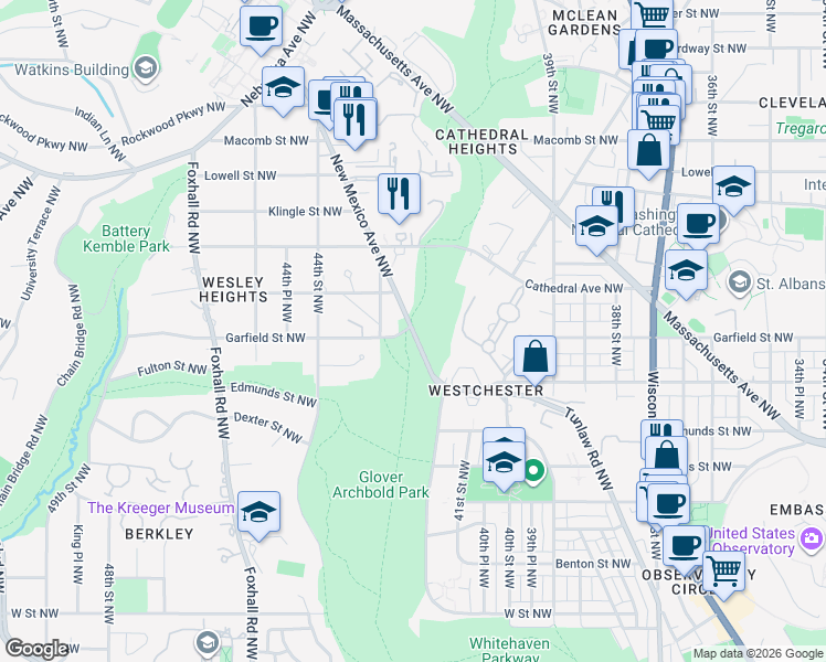 map of restaurants, bars, coffee shops, grocery stores, and more near 2899 New Mexico Ave NW in Washington