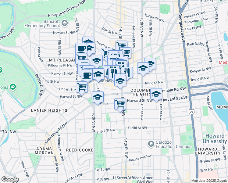 map of restaurants, bars, coffee shops, grocery stores, and more near 1421 Columbia Road Northwest in Washington