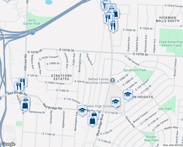 map of restaurants, bars, coffee shops, grocery stores, and more near 10803 Newton Avenue in Kansas City
