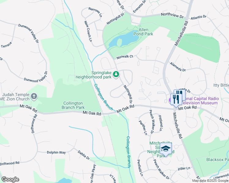 map of restaurants, bars, coffee shops, grocery stores, and more near 15210 Noblewood Lane in Bowie