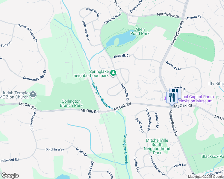 map of restaurants, bars, coffee shops, grocery stores, and more near 15210 Noblewood Lane in Bowie