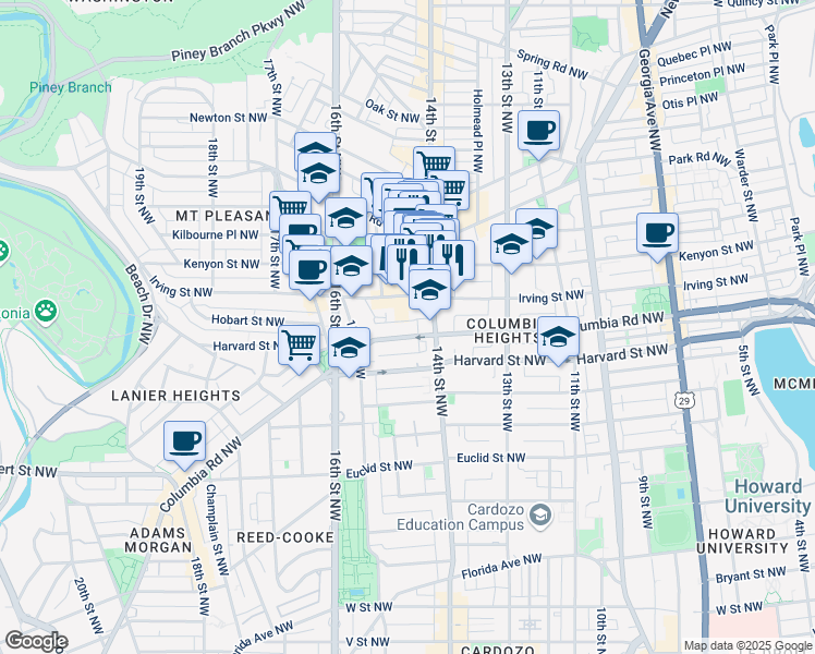 map of restaurants, bars, coffee shops, grocery stores, and more near 1421 Columbia Road Northwest in Washington