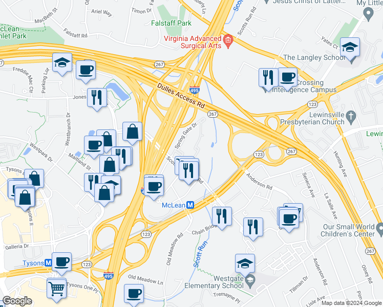 map of restaurants, bars, coffee shops, grocery stores, and more near 1600 Spring Gate Drive in McLean