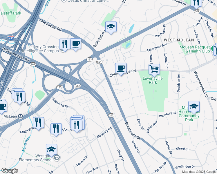 map of restaurants, bars, coffee shops, grocery stores, and more near 1552 Great Falls Street in McLean