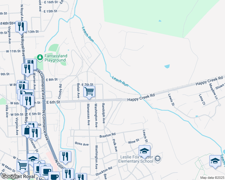 map of restaurants, bars, coffee shops, grocery stores, and more near 22 Bradford Drive in Front Royal