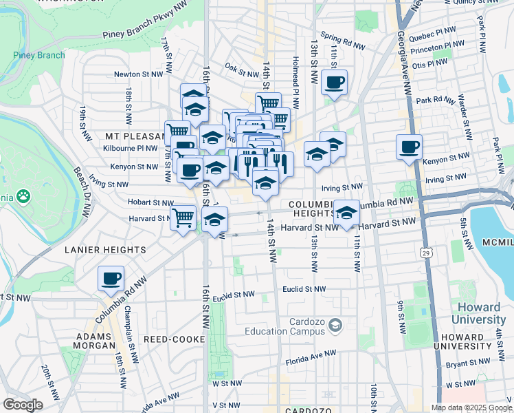 map of restaurants, bars, coffee shops, grocery stores, and more near 1419 Columbia Road Northwest in Washington