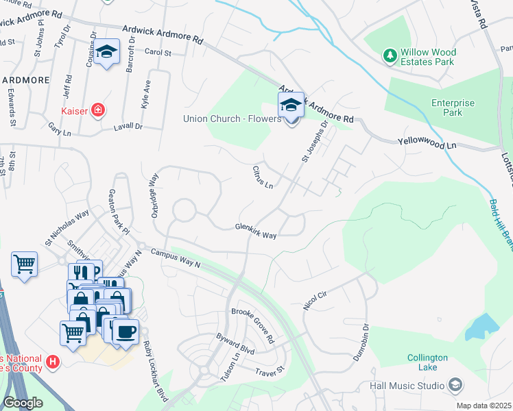 map of restaurants, bars, coffee shops, grocery stores, and more near 2711 Hollywell Court in Bowie