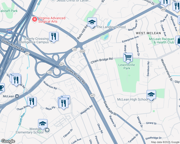 map of restaurants, bars, coffee shops, grocery stores, and more near 1552 Great Falls Street in McLean