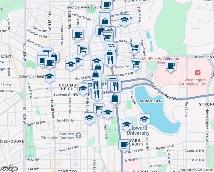 map of restaurants, bars, coffee shops, grocery stores, and more near 732 Columbia Road Northwest in Washington