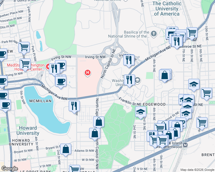 map of restaurants, bars, coffee shops, grocery stores, and more near 101 Independence Avenue Southeast in Washington