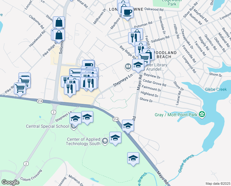 map of restaurants, bars, coffee shops, grocery stores, and more near 116 Riverton Place in Edgewater