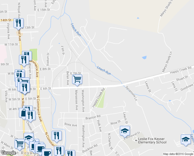 map of restaurants, bars, coffee shops, grocery stores, and more near 22 Bradford Drive in Front Royal