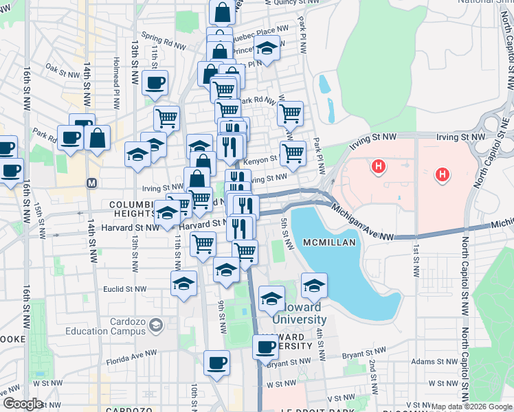 map of restaurants, bars, coffee shops, grocery stores, and more near 550 Hobart Place Northwest in Washington