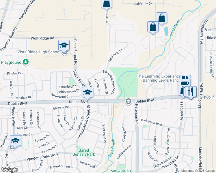 map of restaurants, bars, coffee shops, grocery stores, and more near 6558 Trenton Street in Colorado Springs