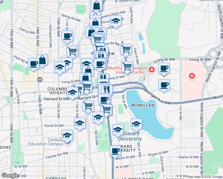 map of restaurants, bars, coffee shops, grocery stores, and more near 550 Hobart Place Northwest in Washington