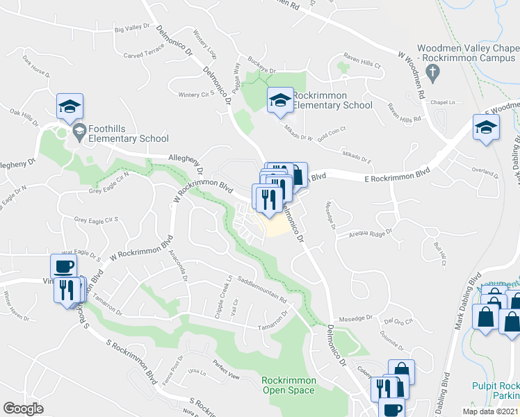 map of restaurants, bars, coffee shops, grocery stores, and more near 215 West Rockrimmon Boulevard in Colorado Springs
