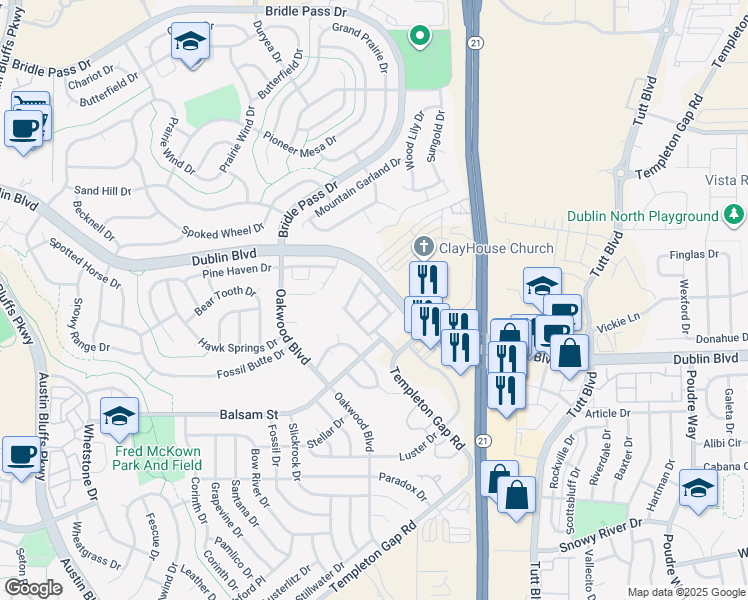 map of restaurants, bars, coffee shops, grocery stores, and more near 6539 Pennywhistle Point in Colorado Springs